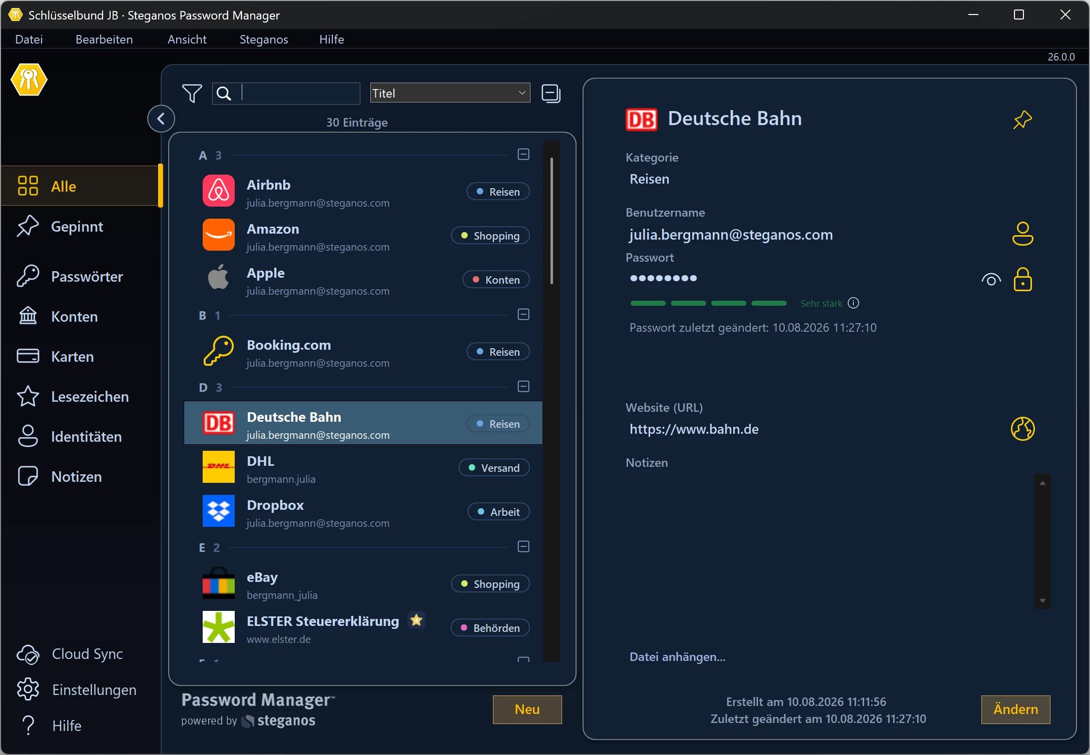 Schlüsselbund im Steganos Passwort-Manager im Dark-Mode